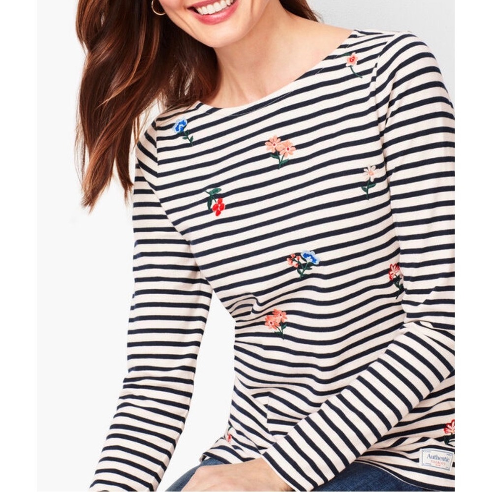 Talbots Authentic Tea Striped Floral Embroidered Boat Neck Top Navy White M